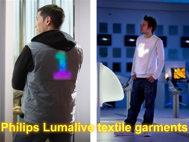 Lumalive fabrics feature flexible arrays of colored light-emitting diodes (LEDs) fully integrated into the fabric - without compromising the softness or flexibility of the cloth. These light emitting textiles make it possible to create materials that can carry dynamic messages, graphics or multicolored surfaces. Fabrics like drapes, cushions or sofa coverings become active when they illuminate in order to enhance the observer’s mood and positively influence his/her behavior. Lumalive fabrics feature flexible arrays of colored light-emitting diodes (LEDs) fully integrated into the fabric - without compromising the softness or flexibility of the cloth. These light emitting textiles make it possible to create materials that can carry dynamic messages, graphics or multicolored surfaces. Fabrics like drapes, cushions or sofa coverings become active when they illuminate in order to enhance the observer’s mood and positively influence his/her behavior.