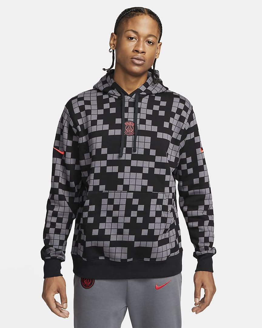 Paris Saint-Germain 21/22 Club Fleece Pullover Hoodie - Dark Grey / Black / Siren Red