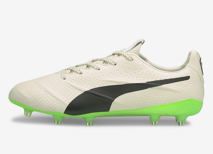 Puma King Platinum 21 Vegan FG/AG - Ivory Glow / Puma Black / Green Glare #footballboots #pumafootball #puma #veganfootball