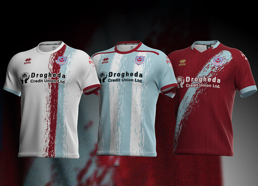 Drogheda United 2023 Erreà Home, Away and and Third Kits