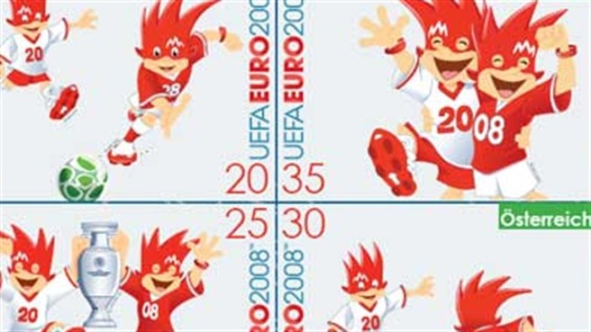 The Trix and Flix Stamp Sheet – with four Renate Gruber designs featuring UEFA EURO 2008™ mascots Trix and Flix.