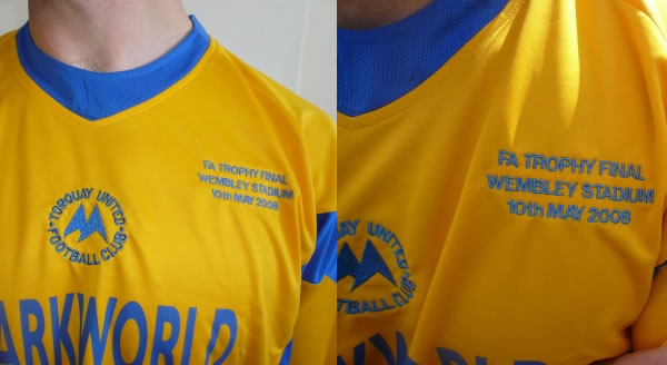 The shirts are embroidered exactly the same way as Paul Buckle's team will wear theirs in the FA Trophy Final against Ebbsfleet United. The shirts are embroidered exactly the same way as Paul Buckle's team will wear theirs in the FA Trophy Final against Ebbsfleet United.