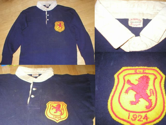this is a rare one this is a 1924 scotland shirt worn in the actual international game against england in that year the shirt is in fantastic condition still with great colours and no holes or repairs at all the shirt was made by t.r. or r r charlton sports outfitter glasgow