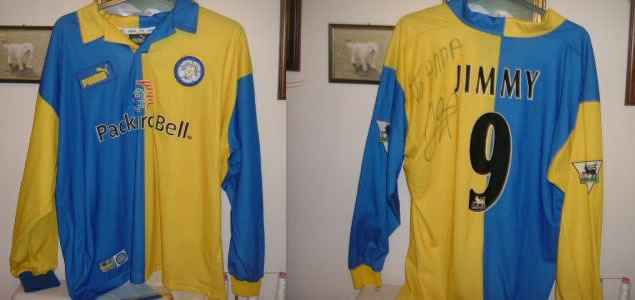 MATCH WORN / ISSUED JIMMY HASSELBAINK LEEDS SHIRT - VERY RARE AS IT HAS JIMMY ON THE BACK OF THE SHIRT - HASSELBAINK WORE JIMMY ON HIS SHIRT FOR FIRST LEAGUE APPEARANCE - THIS WAS STOPPED BY FA - THIS SHIRT WAS PREPARED FOR HIS FIRST AWAY GAME.