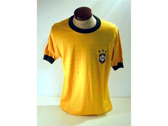 458. Brazil International Shirt: A yellow with green trim crew neck shirt with embroidered Brazil crest & 3 stars above to front, No. 2 to rear.