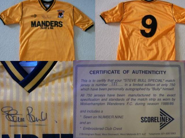  rare wolverhampton wanderers f.c match jersey season 1988/89. this is a limited edition autographed by "bully" himself. this is number 737 of 750 made and comes with a certificate of authenticity